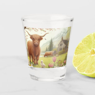 Cute, floral/spring highland cow shot glass