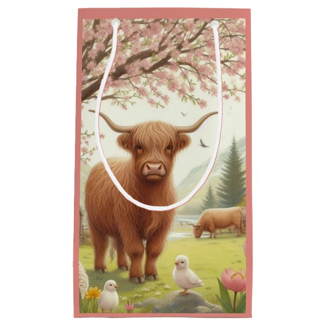Cute, floral/spring highland cow small gift bag (Front)