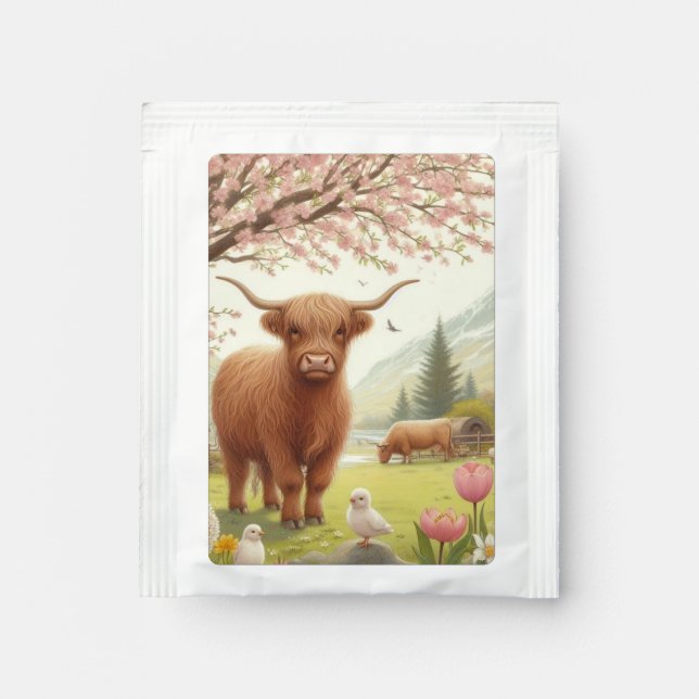 Cute, floral/spring highland cow tea bag drink mix (Front)