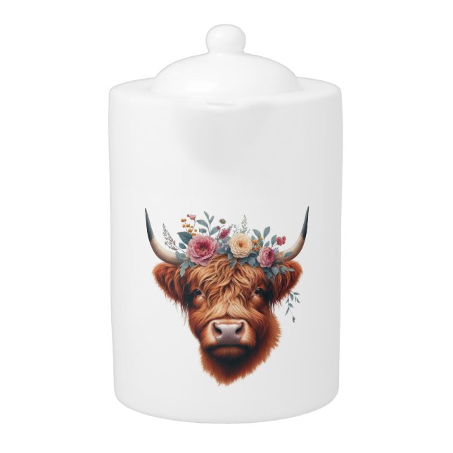 Cute, floral/spring highland cow teapot (Front)