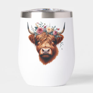 Cute, floral/spring highland cow thermal wine tumbler
