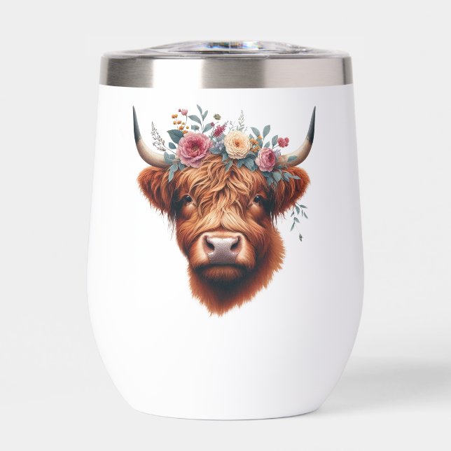 Cute, floral/spring highland cow thermal wine tumbler (Front)