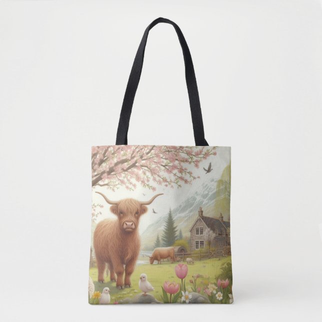 Cute, floral/spring highland cow tote bag (Front)