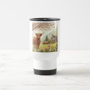 Cute, floral/spring highland cow travel mug