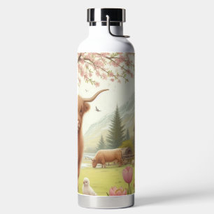 Cute, floral/spring highland cow water bottle