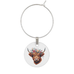 Cute, floral/spring highland cow wine charm
