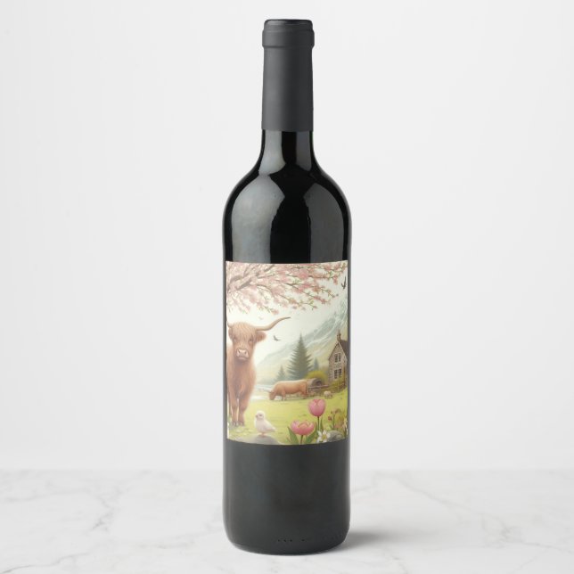 Cute, floral/spring highland cow wine label (Front)