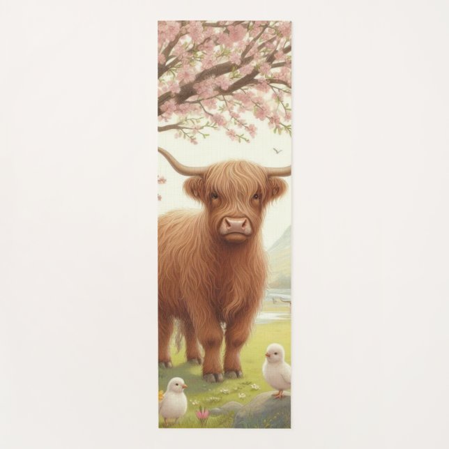 Cute, floral/spring highland cow yoga mat (Front)