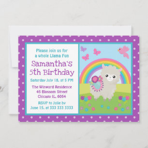 Cute Floral Spring Llama & Rainbow Birthday Invitation