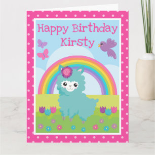 Cute Floral Spring Teal Llama & Rainbow Birthday Card