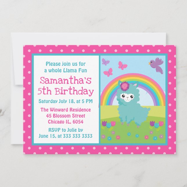 Cute Floral Spring Teal Llama & Rainbow Birthday Invitation (Front)