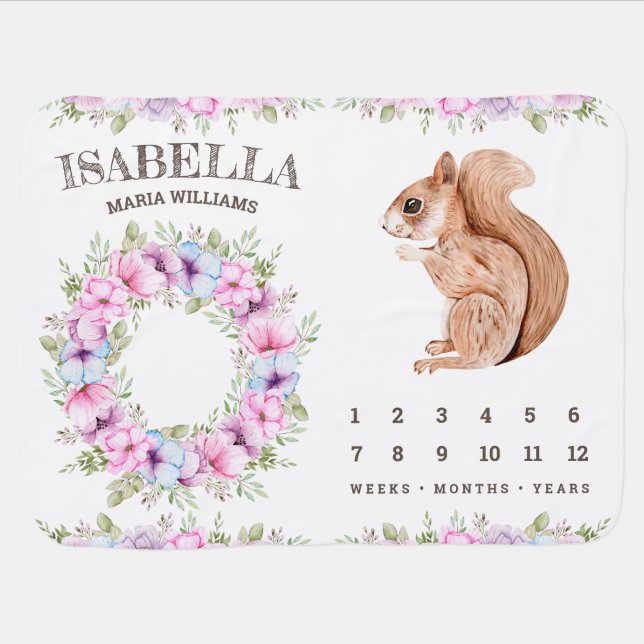Cute Floral Squirrel Woodland Forest Milestone Baby Blanket (Horizontal)