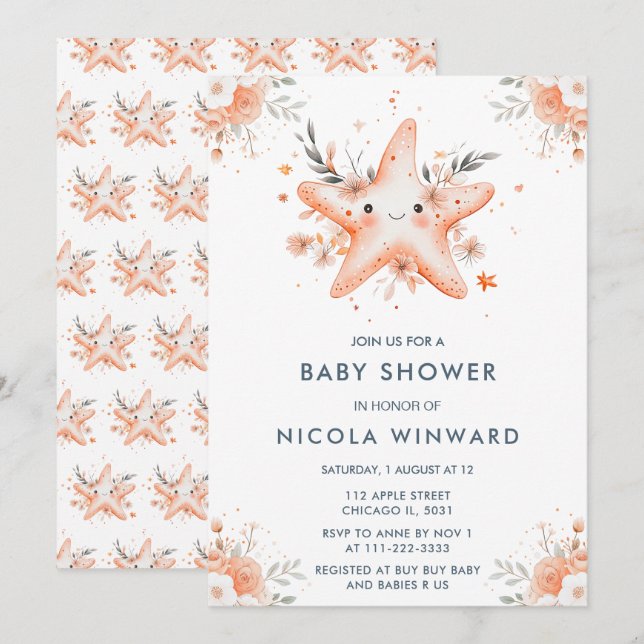 Cute Floral Starfish Baby Shower Invitation (Front/Back)