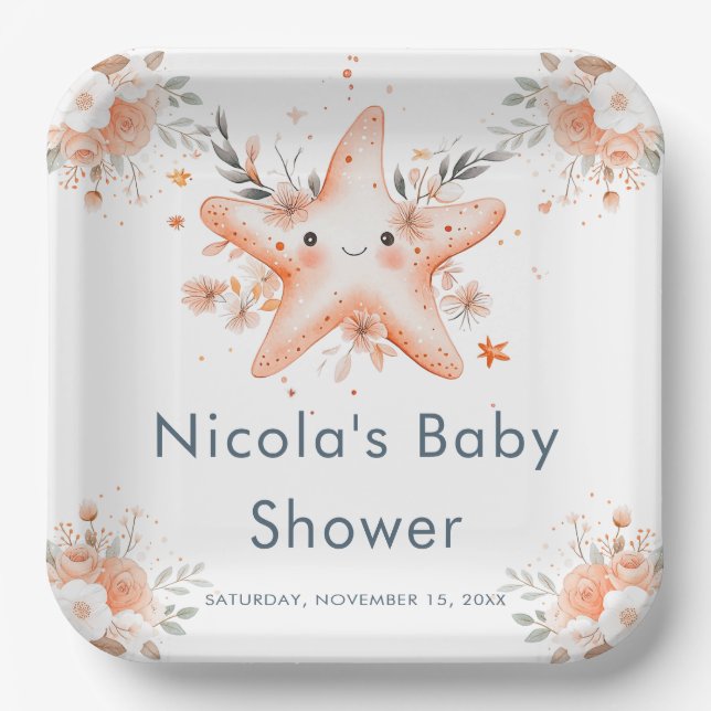 Cute Floral Starfish Baby Shower Paper Plates (Front)