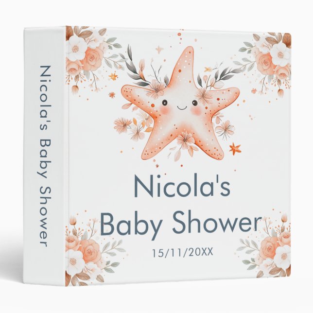 Cute Floral Starfish Baby Shower Photo Album 3 Ring Binder (Front/Spine)