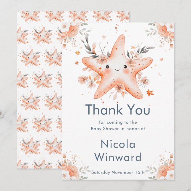 Cute Floral Starfish Baby Shower Thank You Card (Front/Back)