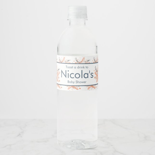 Cute Floral Starfish Baby Shower Water Bottle Label (Front)