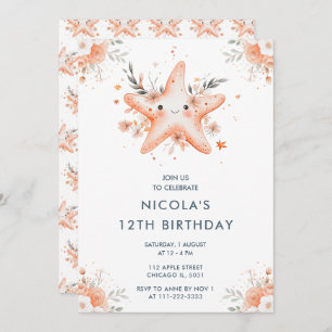 Cute Floral Starfish Birthday Party Invitation
