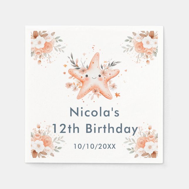 Cute Floral Starfish Birthday Party Napkins (Front)