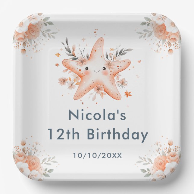 Cute Floral Starfish Birthday Party Paper Plates (Front)
