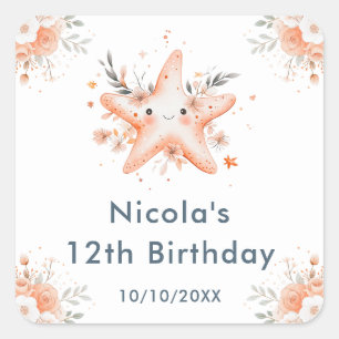 Cute Floral Starfish Birthday Party Square Sticker