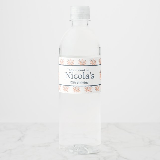 Cute Floral Starfish Birthday Party Water Bottle Label (Front)