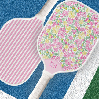 Cute floral stripe yellow pink pickleball paddle