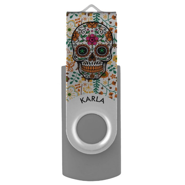 Cute Floral Sugar Skull USB Flash Drive (Front Vertical)