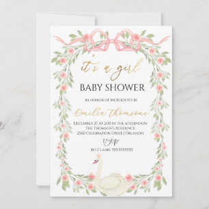 Cute Floral Swan Blush Pink Ribbon Baby Shower Invitation