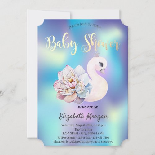 Cute Floral Swan Holographic Baby Shower Invitation