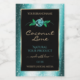 Cute Floral Teal Black Product Labels Soft Glitter