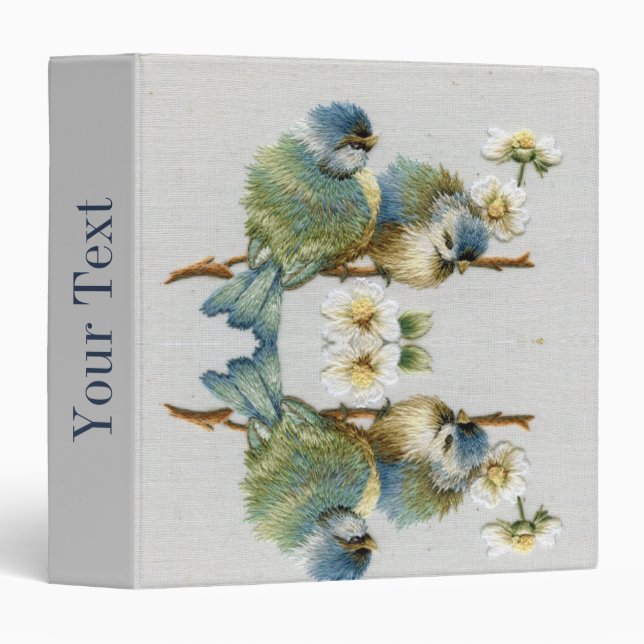 cute floral teal mint green embroidery bird 3 ring binder (Front/Spine)