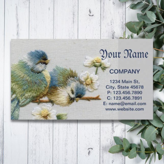 cute floral teal mint green embroidery bird business card (cute floral teal mint green embroidery bird business card)