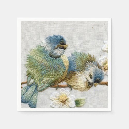 cute floral teal mint green embroidery bird paper napkins