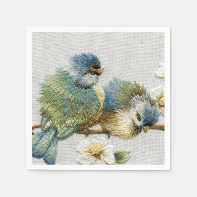 cute floral teal mint green embroidery bird paper napkins (Front)