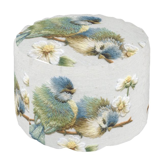cute floral teal mint green embroidery bird pouf (Angled Back)