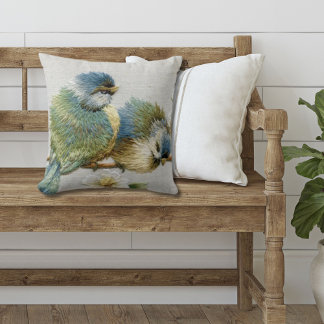 cute floral teal mint green embroidery bird throw pillow