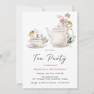 Cute Floral Teapot Girl's Tea Party Birthday Invitation