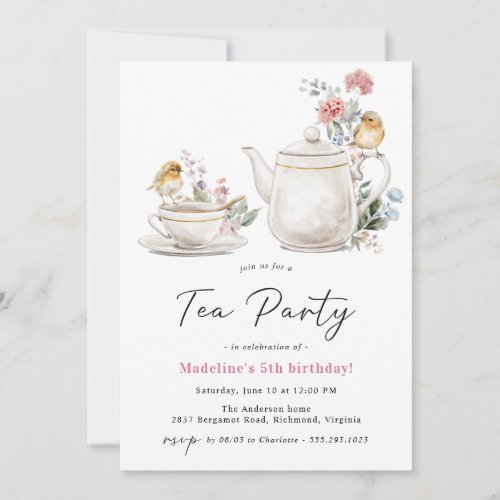 Cute Floral Teapot  Girls Tea Party Birthday  Invitation
