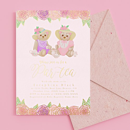 Cute Floral Teddy Bear High Tea Baby Shower  Foil Invitation
