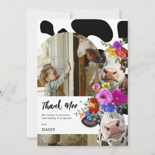 Cute Floral Thank Moo Cow Birthday Thank You Card