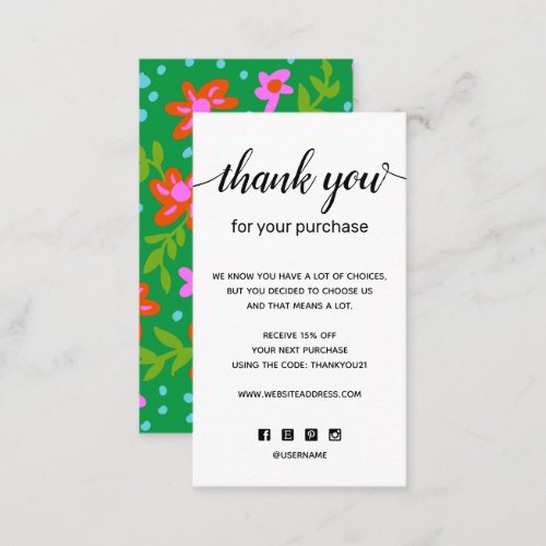  Cute Floral Thank you For your Purchase Business Card