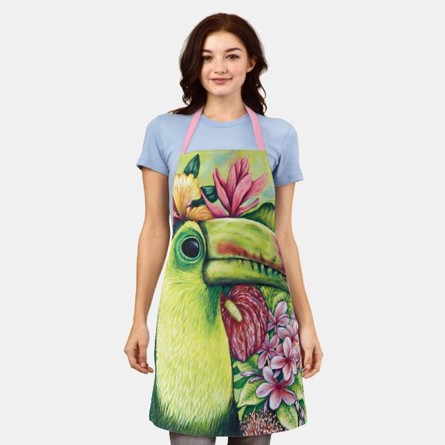 Cute Floral Toucan Funny Green Pink Apron (Worn)