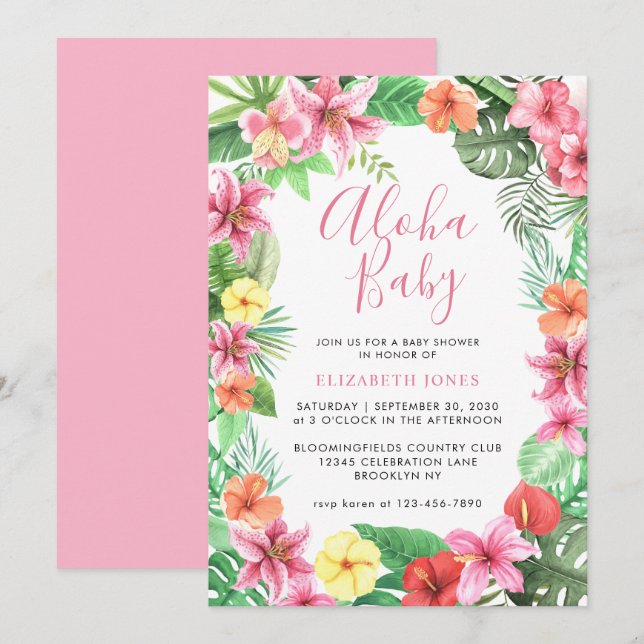 Cute Floral Tropical Summer Pink Aloha Baby Shower Invitation (Front/Back)