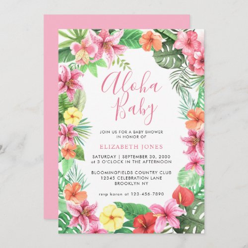 Cute Floral Tropical Summer Pink Aloha Baby Shower Invitation