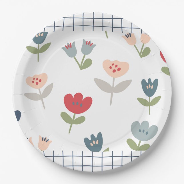 Cute Floral Tulips Simple Farmhouse Country Sweet Paper Plates (Front)