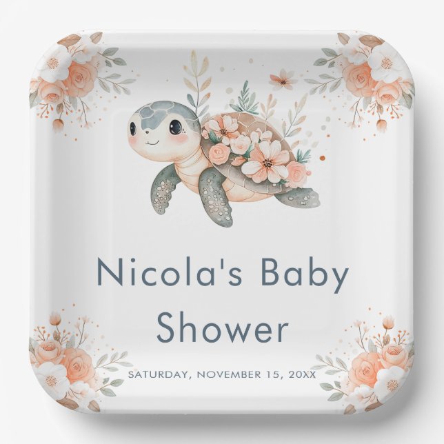 Cute Floral Turtle Baby Shower Paper Plates (Front)