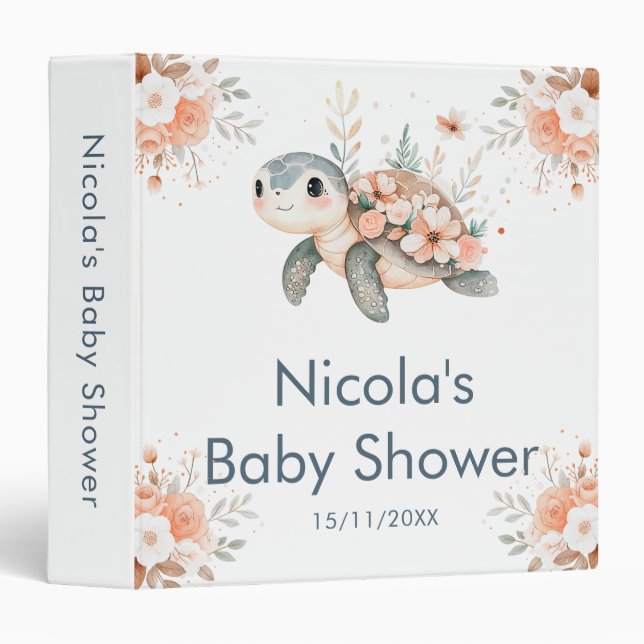 Cute Floral Turtle Baby Shower Photo Album 3 Ring Binder (Front/Spine)