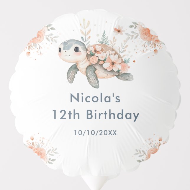Cute Floral Turtle Birthday Party Balloon (Front)