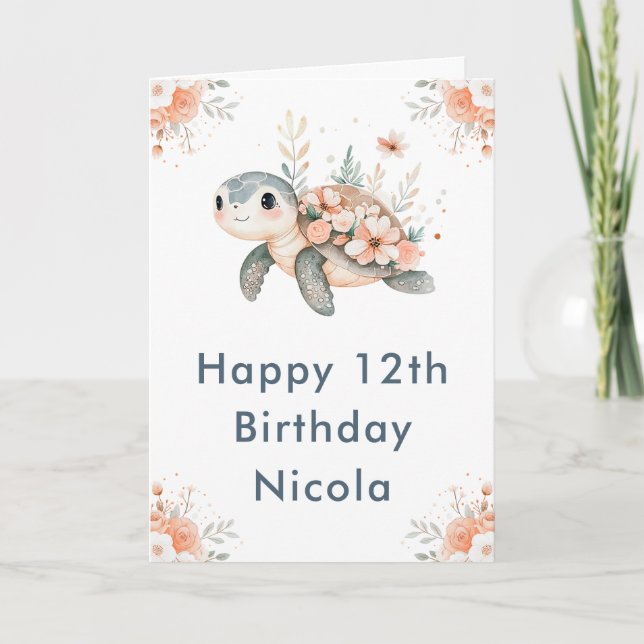Cute Floral Turtle Birthday Party Card (Front)